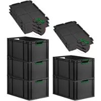 Proregal SuperSparSet 5x Eurobox NextGen Color mit Scharnierdeckel & Verschlüssen, HxBxT 32x40x60cm, 65L, Schwarz, Griffe grün offen, Eurobehälter