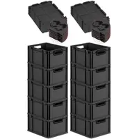 Proregal SuperSparSet 10x Eurobox NextGen Color mit Scharnierdeckel & Verschlüssen, HxBxT 22x30x40cm, 20L, Schwarz, Griffe schwarz offen, Eurobehälter