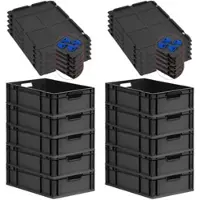 Proregal SparSet 10x Eurobox Nextgen Grip Mit Auflagedeckel Und Blauen Verschlüssen HxBxT 17x40x60cm 34 Liter Schwarz Griffe Offen