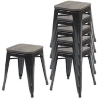 Proregal 6er-Set Hocker inkl. Holz-Sitzfläche | Metall, Industriedesign, stapelbar | Schwarz | Metallhocker Sitzhocker