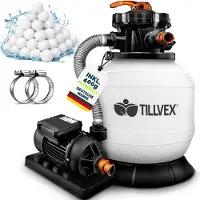 Tillvex Sandfilteranlage Pool 7.900L/h inkl. 400g Filterbälle | Filteranlage 7-Wege Ventil & 2in1 Adapter Ø32mm - 38mm | Poolfilter mit Druckanzeige | Sandfilter für Schwimmbecken