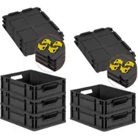 Proregal SuperSparSet 5x Eurobox NextGen Grip mit Scharnierdeckel & gelben Verschlüssen, HxBxT 12x30x40cm, 11L, Schwarz, Griffe offen, Eurobehälter