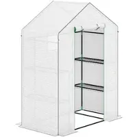 MODFU Foliengewächshaus begehbar 143x74x190 cm Weiß mit Rolltür Fenster und 6 Regalen UV Schutz Abdeckung aus Stahlrahmen für Balkon und Garten