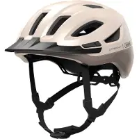 ABUS Stadthelm Urban-I 4.0 ACE - Fahrradhelm mit aufladbarem Rücklicht, 4 Leuchtmodi, Schirm, Zopf-Öffnung und magnetischem Verschluss - für Jugendliche, Frauen und Männer - Größe M, beige