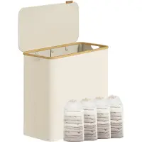 Songmics Wäschesammler 4 Fächer, faltbarer Wäschebehälter mit Deckel, Bambusgriffe LCBB35514WD01
