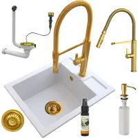 Granitan - Granitspüle - Küchenspüle - 50x40 cm - Weiß - mit Armatur FULL GOLD und Seifenspender - BEST