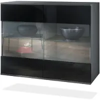 Vladon Kommode Bari V3, Moderner Küchenschrank mit 2 großen Glastüren inkl. RGB Beleuchtung Anthrazit matt / Schwarz Hochglanz (92,5 x 73.5 x 35)