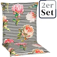 Green Spirit 2er Set Niedriglehner Auflage Toronto, Motiv - gestreift mit Blumen, schwarz - weiss, 98x46x8cm