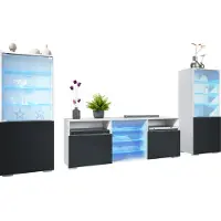 Vladon Wohnwand Granada, Anbauwand bestehend aus 2 Vitrinen und 1 TV-Board, Weiß matt/Schwarz matt inkl. LED-Beleuchtung (286 x 122,5 x 35 cm)