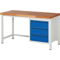 RAU Werktisch, Werkbank, Buche-Massiv-Platte 40mm, höhenverstellbar 840 - 1.040 mm, Tiefe 700 mm, 3 Schubladen, Breite 1.500 mm