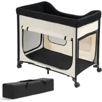 SucceBuy Erhöhtes Haustierbett (XL), faltbare Hundeliege mit 600D Oxford-Stoff und weichem Samt, tragbares Kinderbett mit Rädern, seitlichen Aufbewahrungstaschen und Tragetasche, Beige