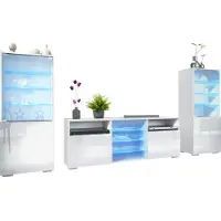 Vladon Wohnwand Granada, Anbauwand bestehend aus 2 Vitrinen und 1 TV-Board, Weiß matt/Weiß Hochglanz inkl. LED-Beleuchtung (286 x 122,5 x 35 cm)