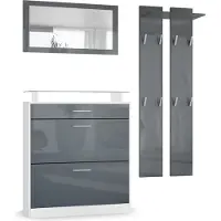 Vladon Garderobe Loret mini, Garderobenset bestehend aus 1 Schuhschrank, 1 Wandspiegel und 2 Garderobenpaneele, Weiß matt/Grau Hochglanz