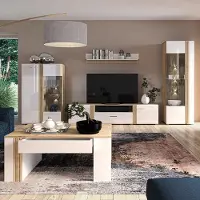 Lomadox Wohnwand in Eiche Nb. AKRON-131 modern mit Fronten in weiß Hochglanz 5-teilig inkl. Couchtisch
