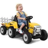 Goplus Elektrofahrzeuge mit Anhänger, 3-Gang Elektroauto Traktor mit Fernbedienung, LED-Licht & Musik & Bluetooth, für Kinder ab 3 Jahren, bis 30 kg (Gelb)