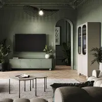 Lomadox Wohnzimmer-Set in kaschmir und grün matt mit Lowboard, Beisteltische rund, Vitrinenschrank, 4-teilig - SPLIT-141
