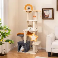 Goplus 160 cm Kratzbaum groß, Katzenbaum mit Plattformen, 2 Sitzstangen, Hängematte, Höhle, Sisalkratzbrettern, Klettermöbel für Kätzchen