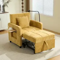 OKWISH Schlafsessel Chenille Einsitzer 2-in-1-Funktion 5-fach Verstellbare Rückenlehne Stauraum Tablett Handyhalterung Wohnzimmer,Senfgelb