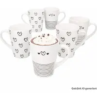 MamboCat 6er Set Cupid Kaffeebecher 250ml Porzellan schwarz-weiß Herz Streifen Tasse Tee