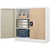 Jan Nowak Aktenschrank abschließbar BEATA 3 Ebenen, Flügeltüren | Metallschrank Werkstatt Büroschrank aus Stahl Werkzeugschrank, 93x90x40cm Weiß-Sonoma Eiche
