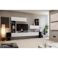 Starcosy Wohnwand Set mit 6 Schränken, Weiß Hochglanz, Schwarz, modern für das Wohnzimmer, 280 x 175 cm