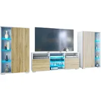 Vladon Wohnwand Davos, Anbauwand bestehend aus 2 Vitrinen und 1 TV-Board, Weiß matt/Eiche Natur inkl. LED-Beleuchtung (329 x 134 x 35 cm)