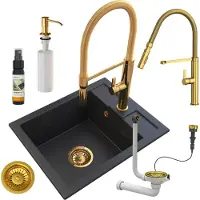 Granitan | Granitspüle - Spülbecken - 50x40 cm - Schwarz - Küchenarmatur FULL Gold - Mit Spender - BEST