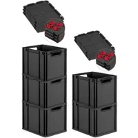 Proregal SuperSparSet 5x Eurobox Nextgen Grip Mit Scharnierdeckel Und Roten Verschlüssen HxBxT 32x30x40cm 30 Liter Schwarz Griffe Offen