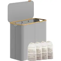 Songmics Wäschesammler 4 Fächer, faltbarer Wäschebehälter mit Deckel, Bambusgriffe LCBB35514GD01