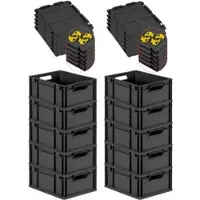 Proregal SuperSparSet 10x Eurobox NextGen Grip mit Scharnierdeckel & gelben Verschlüssen, HxBxT 17x30x40cm, 16L, Schwarz, Griffe offen, Eurobehälter
