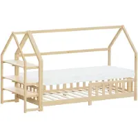 ML-Design Kinderbett 90x200cm mit Matratze H:10 Regal Rausfallschutz Dach & Lattenrost Montessori Bodenbett Kiefernholz Hausbett für Mädchen & Jungen