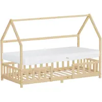 ML-Design Kinderbett 90x200cm mit Matratze H:16 Rausfallschutz Dach & Lattenrost Natur Montessori Bodenbett Kiefernholz Hausbett für Mädchen & Jungen