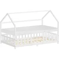 ML-Design Kinderbett 120x200cm mit Matratze Rausfallschutz Dach & Lattenrost Weiß Montessori Bodenbett aus Kiefernholz Hausbett für Mädchen & Jungen