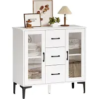 HOMCOM Kommode Sideboard mit 3 Schubladen 2 Glastüren verstellbaren Regalen Weiß