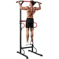 SUGIFT Dip Station mit Klimmzugstange, Power Tower höhenverstellbar, Kraftstation, Stahl, Schwarz+Rot | bis 120 kg | 7 Höhen | 98x84x219 cm