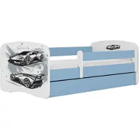 WFL GROUP Kinderbett Blau 70x140 80x160 80x180 cm – mit Matratze, Rausfallschutz und Schublade – Jugendbett für Jungen – Stabil und Sicher – Auto – 160x80 cm