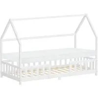 ML-Design Kinderbett 90x200cm mit Matratze H:10 Rausfallschutz Dach & Lattenrost Weiß Montessori Bodenbett Kiefernholz Hausbett für Mädchen & Jungen