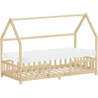 ML-Design Kinderbett 90x200cm mit Matratze H:10 Rausfallschutz Dach & Lattenrost Natur Montessori Bodenbett Kiefernholz Hausbett für Mädchen & Jungen