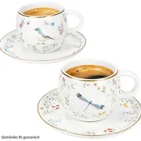 MamboCat Fancy Garden Vogel & Libelle 2er Espressotassen mit Untertassen Mokka