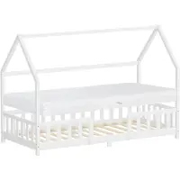 ML-Design Kinderbett 90x200cm mit Matratze H:16 Rausfallschutz Dach & Lattenrost Weiß Montessori Bodenbett Kiefernholz Hausbett für Mädchen & Jungen