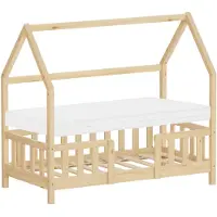ML-Design Kinderbett 70x140cm mit Matratze Rausfallschutz Dach & Lattenrost Natur Montessori Bodenbett aus Kiefernholz Hausbett für Mädchen & Jungen