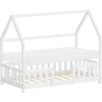 ML-Design Kinderbett 80x160cm mit Matratze Rausfallschutz Dach & Lattenrost Weiß Montessori Bodenbett aus Kiefernholz Hausbett für Mädchen & Jungen