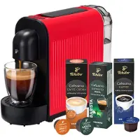 Tchibo Cafissimo NOW Kaffeemaschine Kapselmaschine inkl. 30 Kapseln für Caffè Crema, Espresso und Kaffee | 0,67 l | 1250 Watt | 11,4 x 33,7 x 23,5 cm | Rot