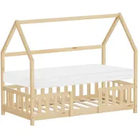 ML-Design Kinderbett 80x160cm mit Matratze Rausfallschutz Dach & Lattenrost Natur Montessori Bodenbett aus Kiefernholz Hausbett für Mädchen & Jungen
