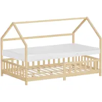 ML-Design Kinderbett 120x200cm mit Matratze Rausfallschutz Dach & Lattenrost Natur Montessori Bodenbett aus Kiefernholz Hausbett für Mädchen & Jungen