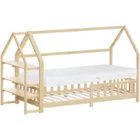 ML-Design Kinderbett 90x200cm mit Matratze H:16 Regal Rausfallschutz Dach & Lattenrost Montessori Bodenbett Kiefernholz Hausbett für Mädchen & Jungen