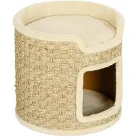SUGIFT Katzenkratzbaum Fassform mit Spiel- und Liegebereich Plüsch Sisal Spanplatte Khaki Beige Ø 38 x 37 cm