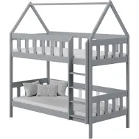 WFL GROUP Etagenbett Hausbett 2 Kinder Grau 90x200 cm – Kinder Hochbett aus Holz mit Rausfallschutz und zwei Schubladen – für Jungen und Mädchen – Skandinavischer Stil – Ohne Matratze