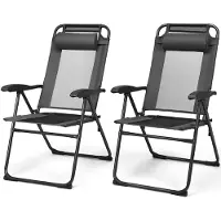 Goplus 2er Set Faltbare Terrassenstühle mit 7-Fach Verstellbarer Rückenlehne, Abnehmbarem Kopfkissen, Atmungsaktivem Netzrücken, Outdoor Klappstühle (Grau)
