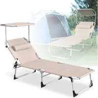 XMTECH Sonnenliege mit Dach, Liegestuhl Garten, Gartenliege klappbar, mit Kopfkissen & Tragegriffe & Seitentasche, bis zu 100 kg belastbar, 194X68cm Relaxliege, Khaki